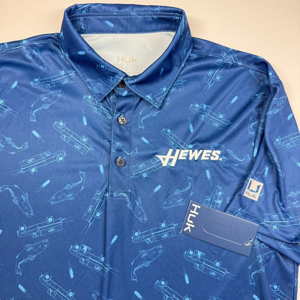 Huk Fishing Polo Hewes Boats Mens S NEW Blue Fish Wagon All Over Geometric Print - Picture 9 of 11